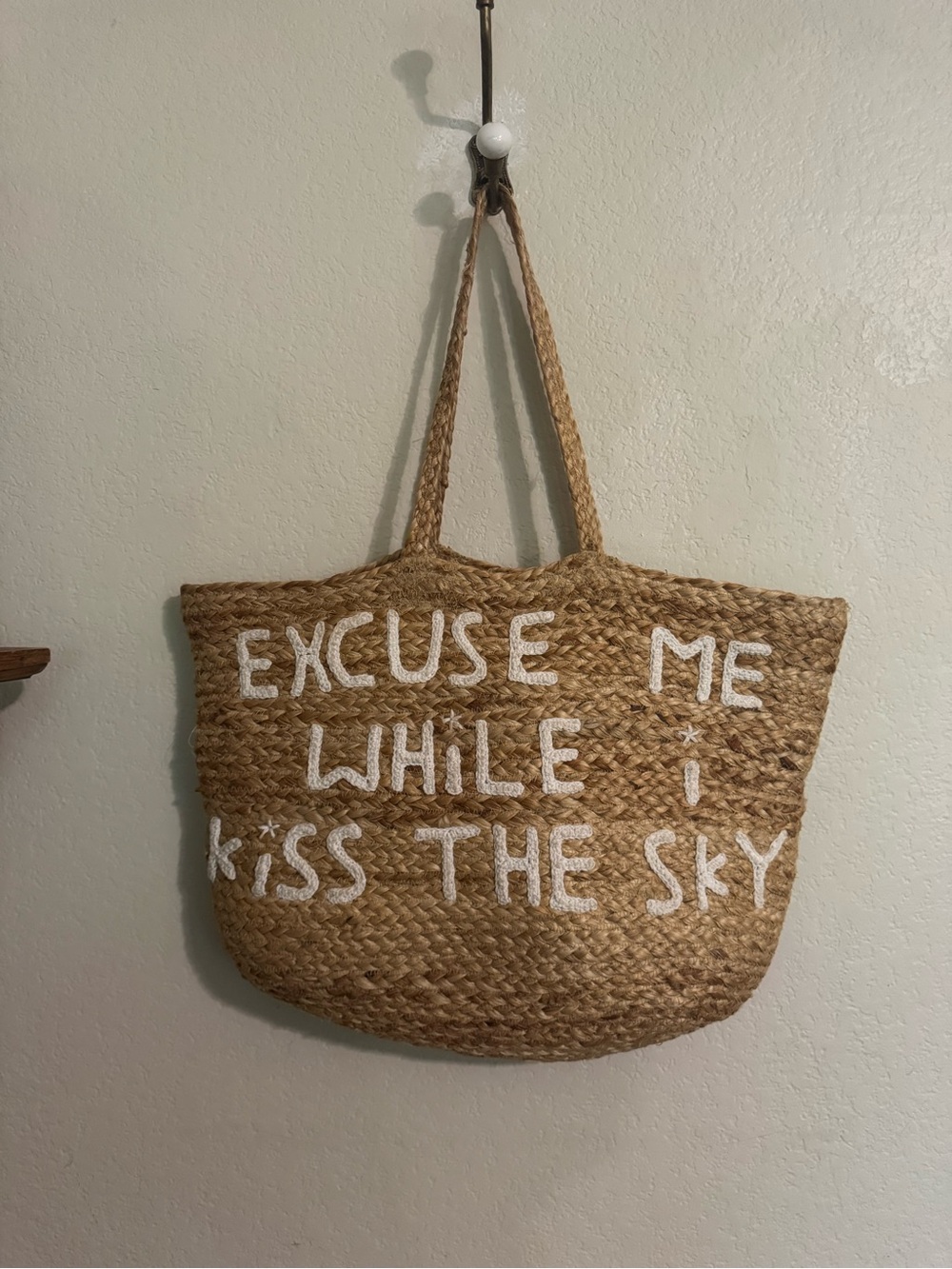 Natural Jute Tote Bag with White Lettering - Excuse Me While I Kiss The Sky
